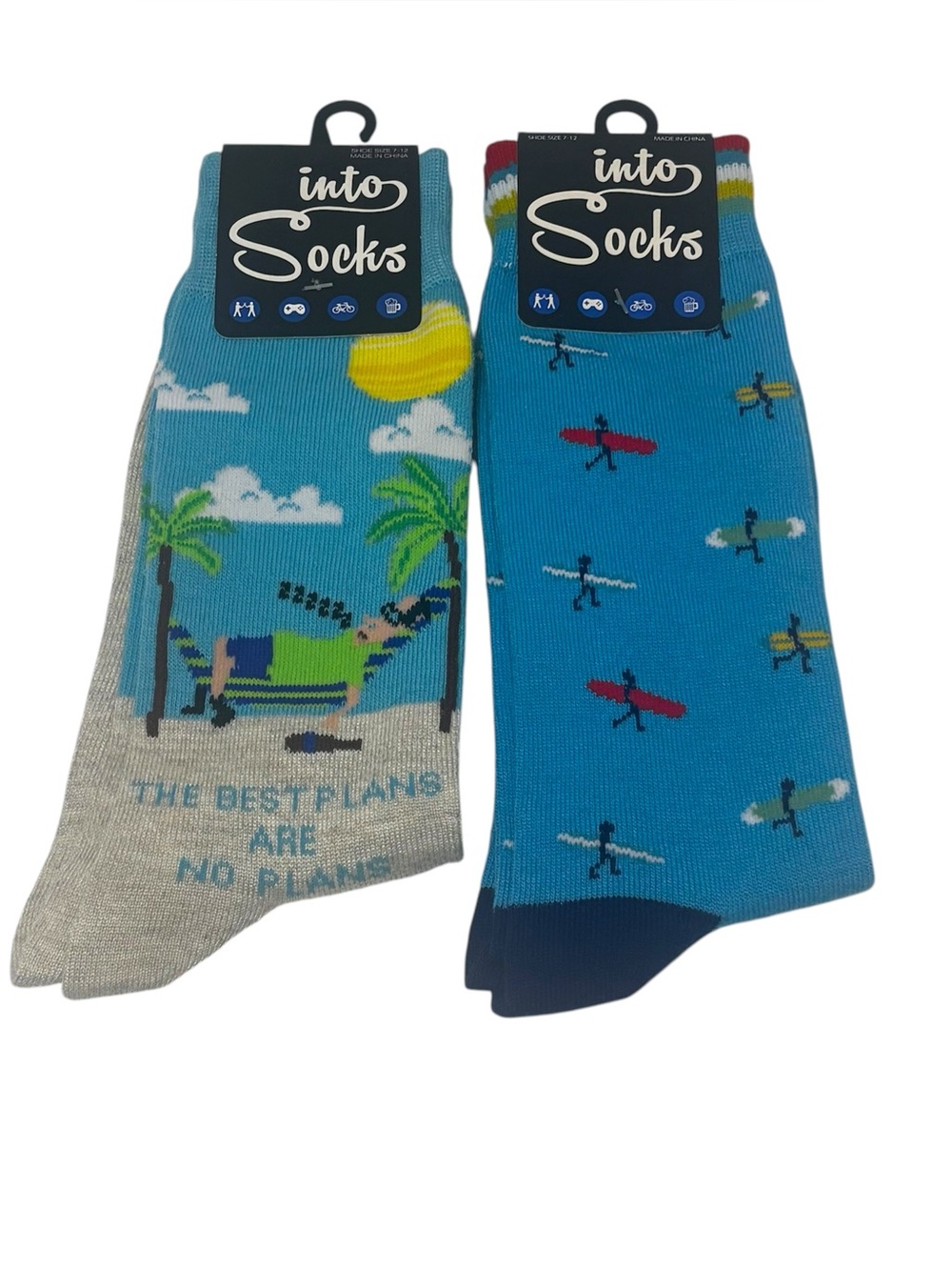INTO SOCKS Men's Novelty Crew Socks 2 Pair Beach Hammock/Surfer Shoe Size 7-12